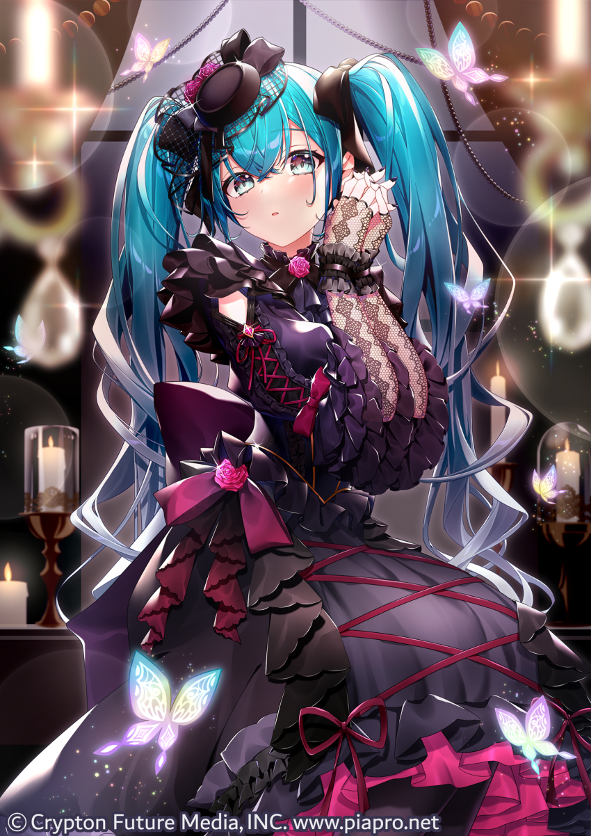 1girl, arm_cutout, black_bow, black_dress, blue_hair, bow, bug, butterfly
