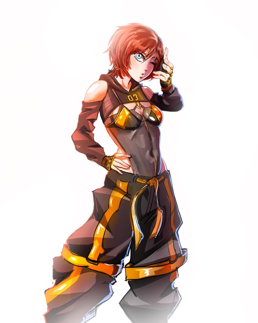 1girl, baggy_pants, bare_shoulders, black_bodysuit, black_pants, blue_eyes, blush, bodysuit