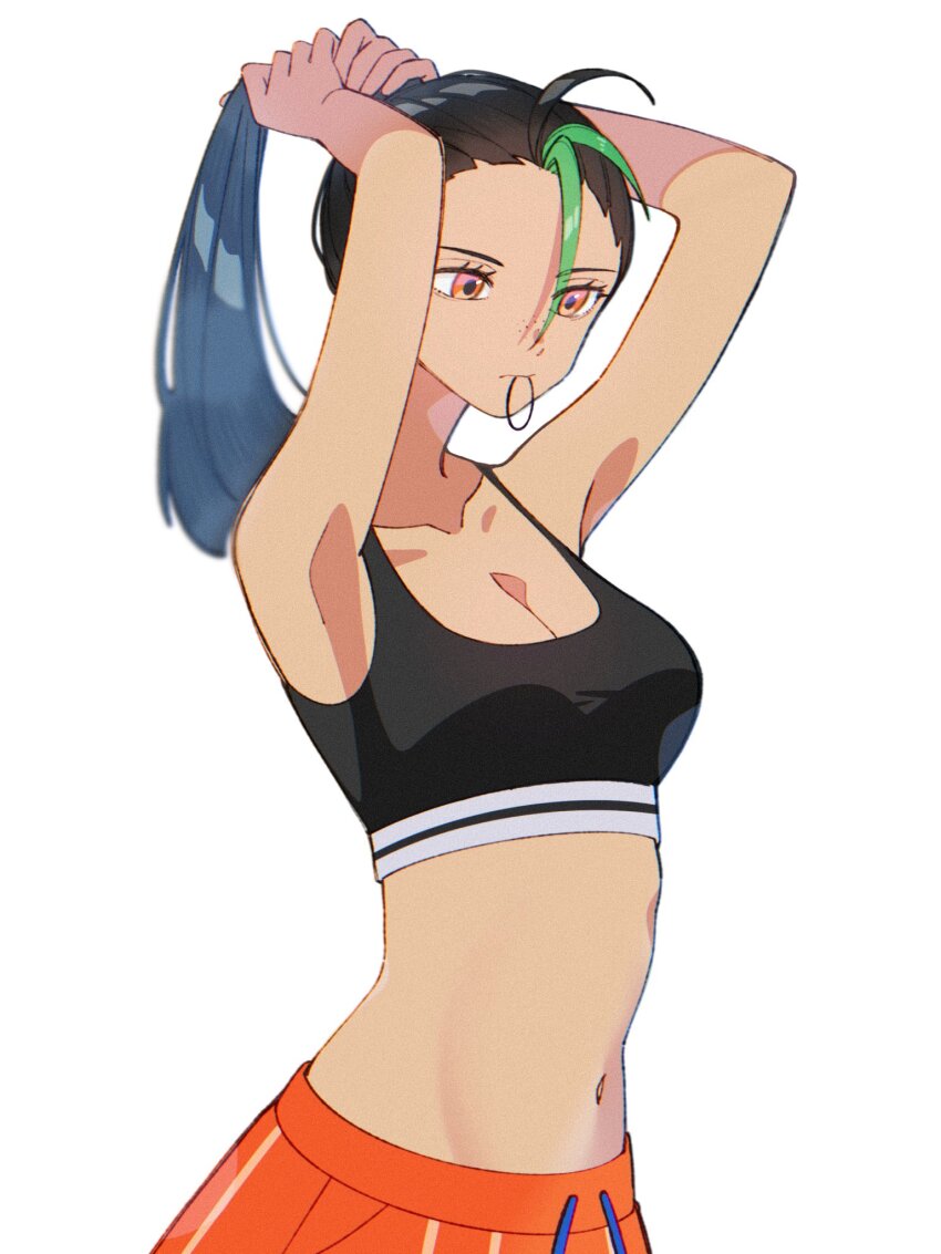 1girl, adjusting_hair, armpits, arms_up, black_hair, black_sports_bra, breasts, cleavage
