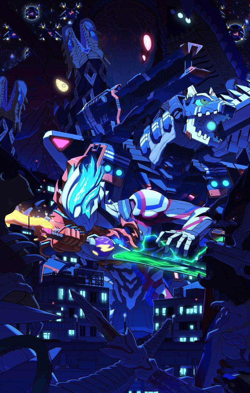 absurdres, alien, artificial_eye, blolo, building, commentary, double_blade, earth_garon, electricity, gebalga, glowing, glowing_eyes, glowing_sword, glowing_weapon, highres, holding, holding_sword, holding_weapon, irugo, kaiju, mecha, mechanical_eyes, night, no_humans, open_mouth, robot, science_fiction, single_mechanical_eye, sword, tilsofird_lancer, tokusatsu, ultra_series, ultraman_blazar, ultraman_blazar_(series), varallon, weapon