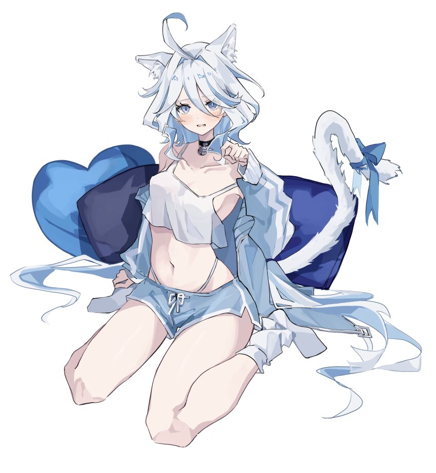 1girl, absurdres, animal_ears, blue_eyes, cat_ears, cat_tail, furina_(genshin_impact), genshin_impact, heterochromia, highres, navel, neck_bell, pillow, ren_(renjiyu), ribbon, shorts, sitting, solo, tail, wariza