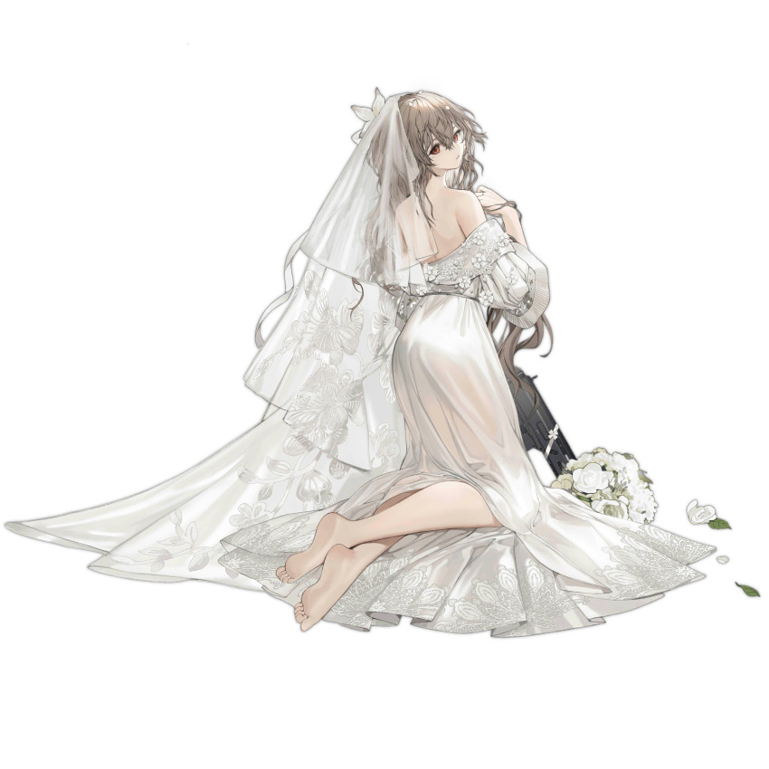 1girl, ass, back, barefoot, bouquet, bridal_veil, brown_hair, closed_mouth