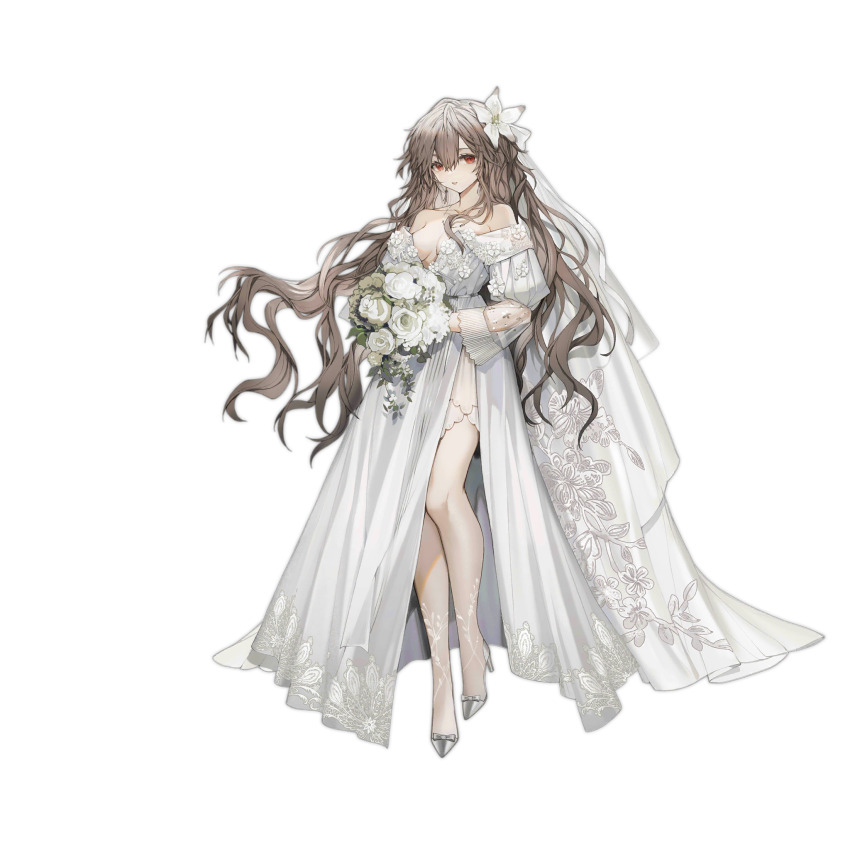 1girl, bouquet, breasts, bridal_veil, brown_hair, cleavage, closed_mouth, collarbone