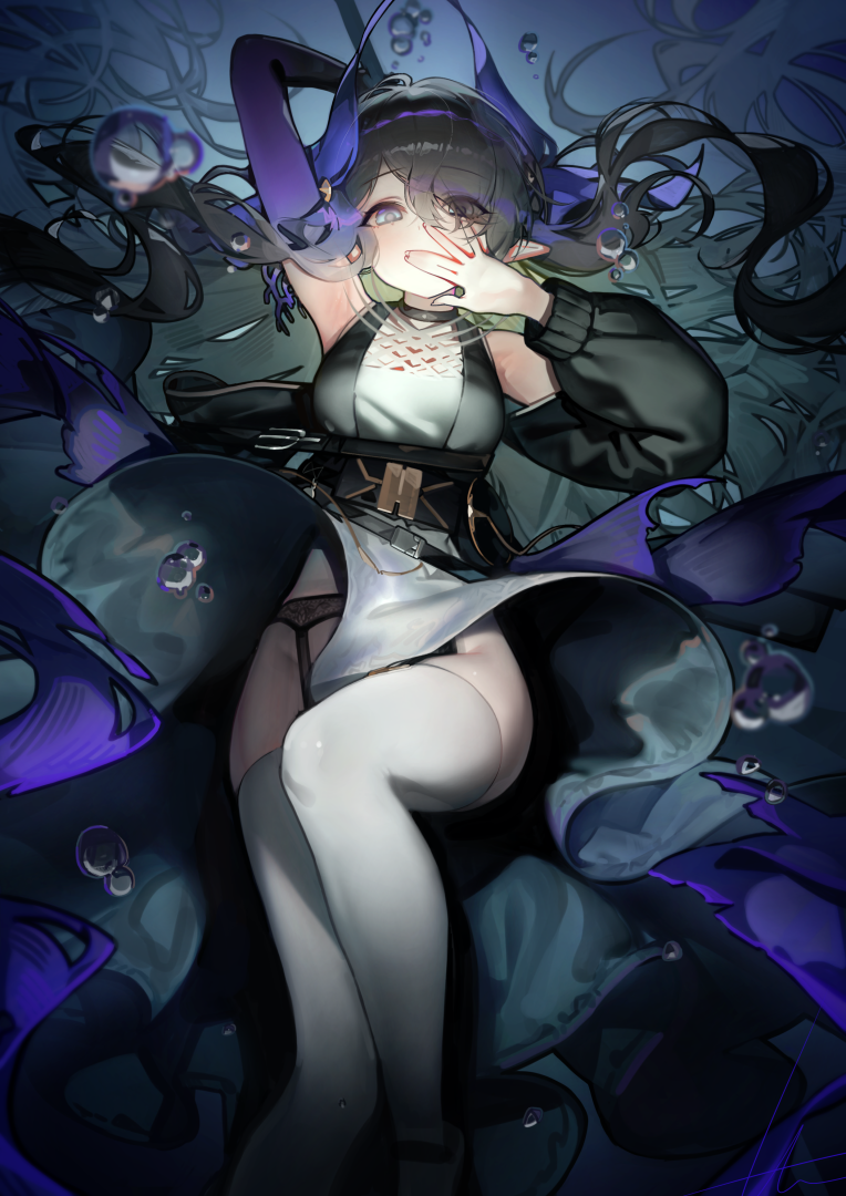 1girl, \||/, air_bubble, arknights, black_garter_belt, black_hair, black_shirt, black_sleeves