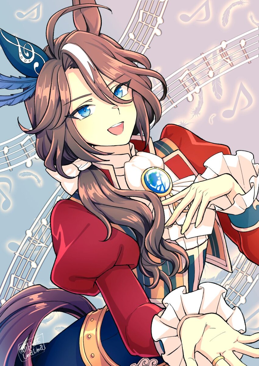 1girl, animal_ears, ascot, asymmetrical_bangs, beamed_eighth_notes, blue_eyes, brooch, brown_hair