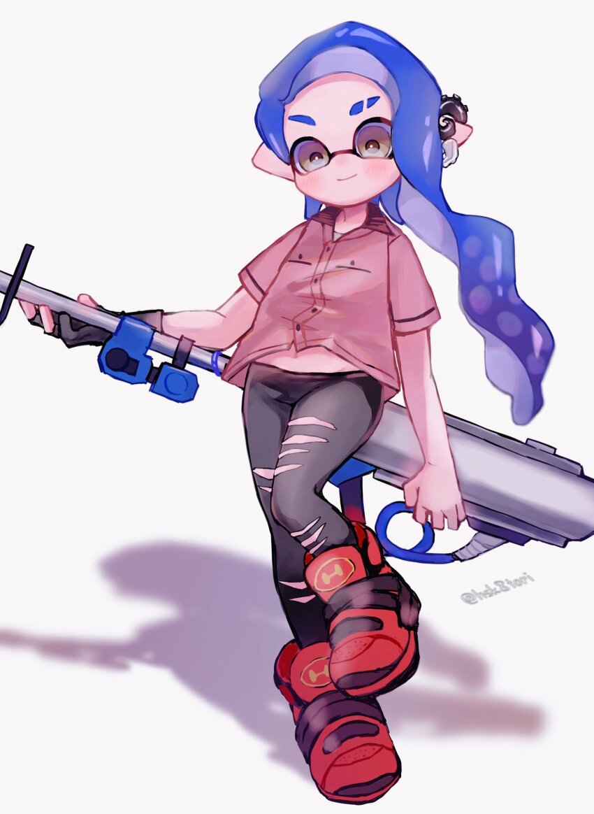 1girl, black_pants, blue_hair, closed_mouth, commentary, e-liter_4k_(splatoon), earrings, eyebrow_cut