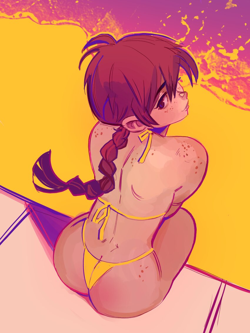 1girl, absurdres, ass, ass_freckles, aubrey_(neal_d._anderson), bikini, body_freckles, braid, braided_ponytail, butt_crack, commentary, dark-skinned_female, dark_skin, english_commentary, freckles, from_above, from_behind, highres, long_hair, looking_at_viewer, neal_d._anderson, original, pool, red_hair, simple_background, single_braid, sitting, solo, swimsuit, yellow_bikini