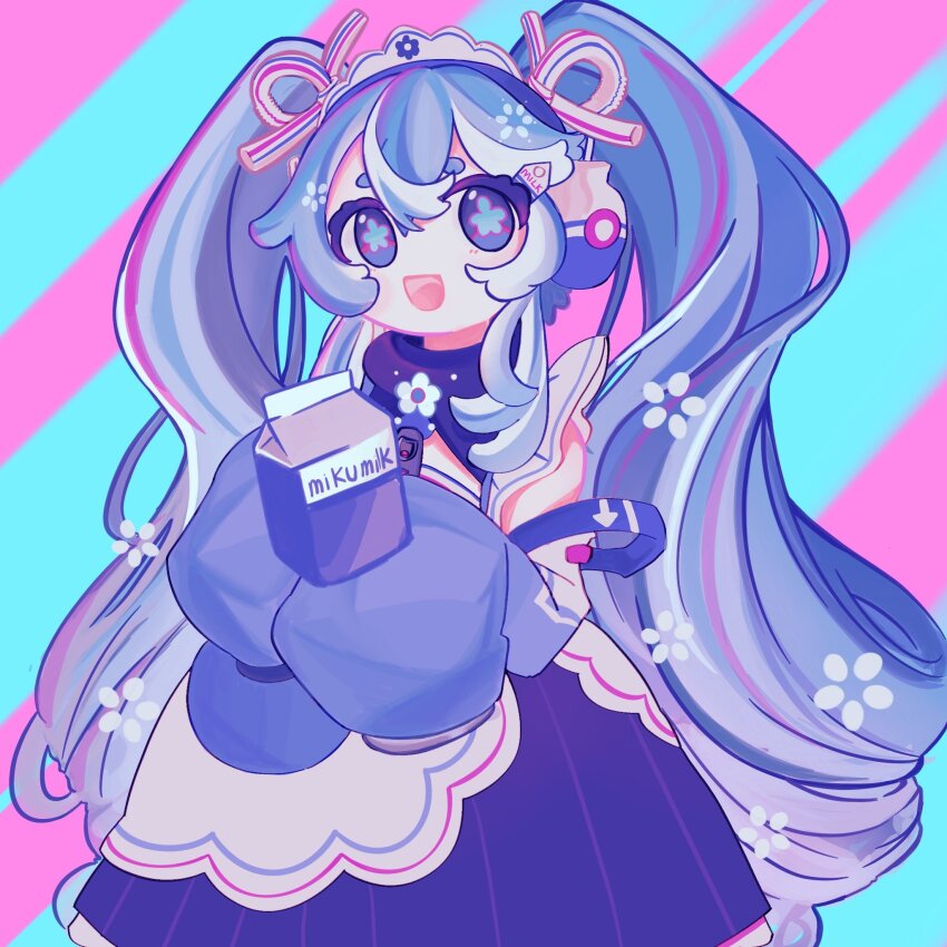 1girl, apron, blue_dress, blue_eyes, dress, drink_carton, drinking_straw_hair_ornament, electricleaf