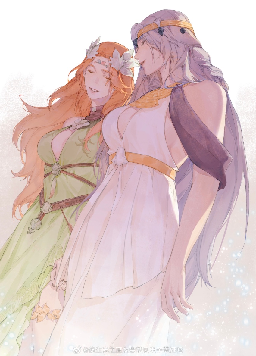 2girls, ^_^, absurdres, alternate_form, arm_at_side, bare_shoulders, belt, breasts