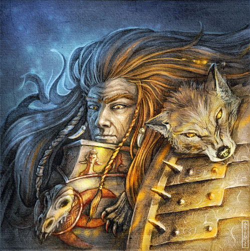 1boy, animal_skull_ornament, armor, artist_name, beard, braid, breastplate, closed_mouth