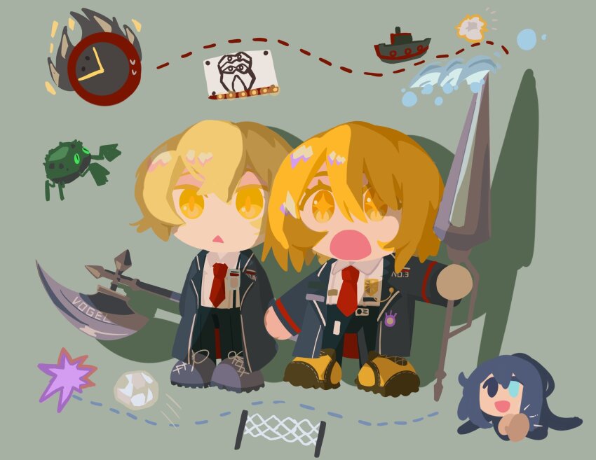 1girl, 1other, 2boys, aiguillette, ball, black_coat, black_pants, brooch