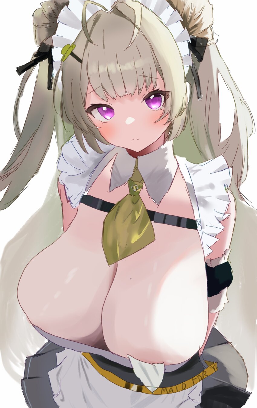 1girl, absurdres, antenna_hair, apron, arm_cuffs, ascot, black_gloves, black_skirt, blush, breasts, button_gap, cleavage, detached_collar, double_bun, frilled_apron, frills, from_above, frown, gloves, goddess_of_victory:_nikke, green_ascot, green_hair, hair_bun, hair_ornament, hair_ribbon, hairclip, heart_antenna_hair, highres, huge_breasts, kotha_art, long_hair, looking_at_viewer, maid, maid_apron, maid_headdress, mole, mole_on_breast, pink_eyes, pleated_skirt, ribbon, skirt, sleeveless, soda_(nikke), solo, thighhighs, two-tone_gloves, white_gloves, white_thighhighs