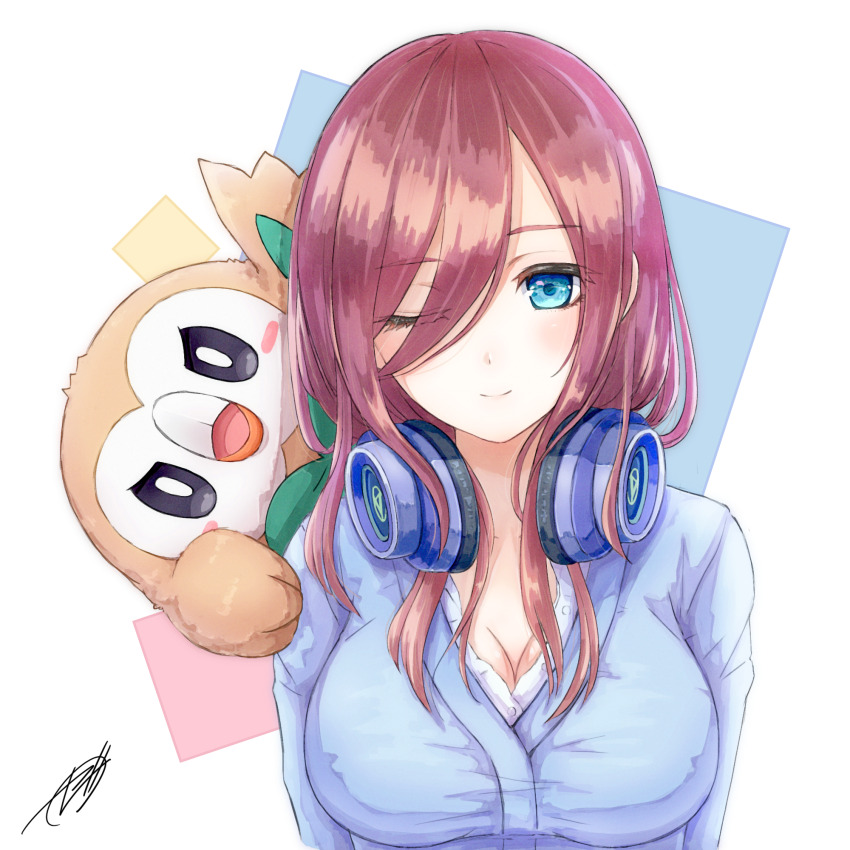 1girl, ;), blue_background, blue_cardigan, blue_eyes, breasts, brown_background, brown_hair, cardigan, cleavage, closed_mouth, commentary_request, crossover, gen_7_pokemon, go-toubun_no_hanayome, hair_between_eyes, headphones, headphones_around_neck, highres, large_breasts, long_hair, long_hair_between_eyes, long_sleeves, looking_at_viewer, multicolored_background, nakano_miku, nintendo, on_shoulder, one_eye_closed, pink_background, pokemon, pokemon_(creature), pokemon_on_shoulder, rowlet, shirt, signature, smile, solo, white_shirt, zeni_maru