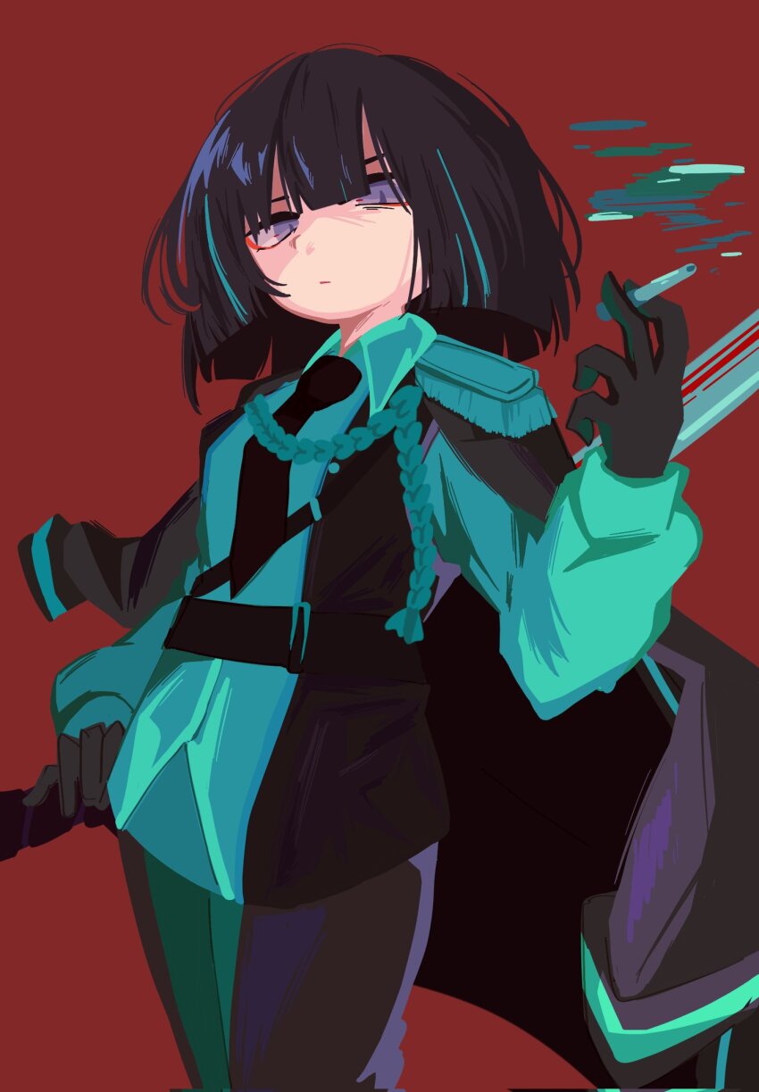 1girl, aqua_shirt, black_coat, black_hair, black_jacket, black_necktie, black_pants, blind_obsession_(e.g.o)