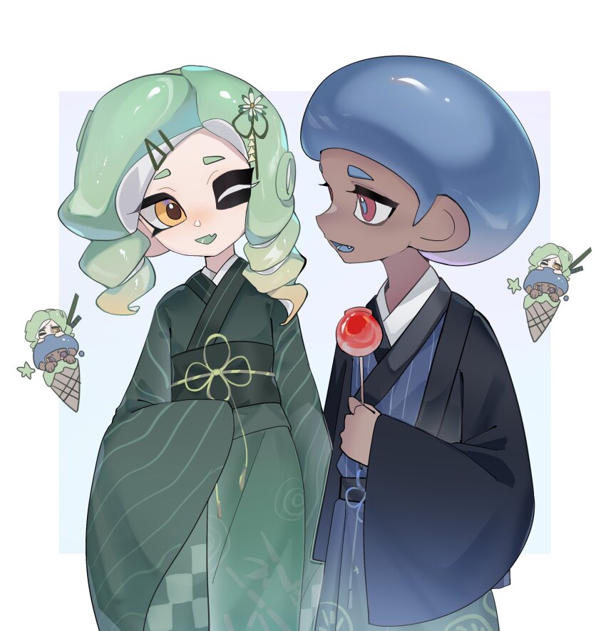 1boy, 1girl, absurdres, afro, blue_hair, border, commentary, dark-skinned_male, dark_skin, fang, fangs, food, green_hair, green_kimono, grey_background, hair_ornament, hairclip, haori, highres, ice_cream, japanese_clothes, kimono, nintendo, octoling, octoling_boy, octoling_girl, octoling_player_character, one_eye_closed, open_mouth, outside_border, red_eyes, rongyu1029, short_hair, simple_background, skin_fang, smile, splatoon_(series), tentacle_hair, white_border, yellow_eyes