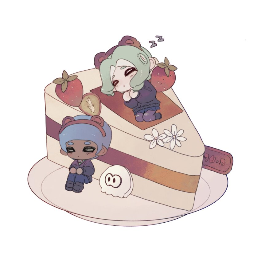 1boy, 1girl, animal_ear_hairband, animal_ears, bear_ears, blue_hair, cake, chibi