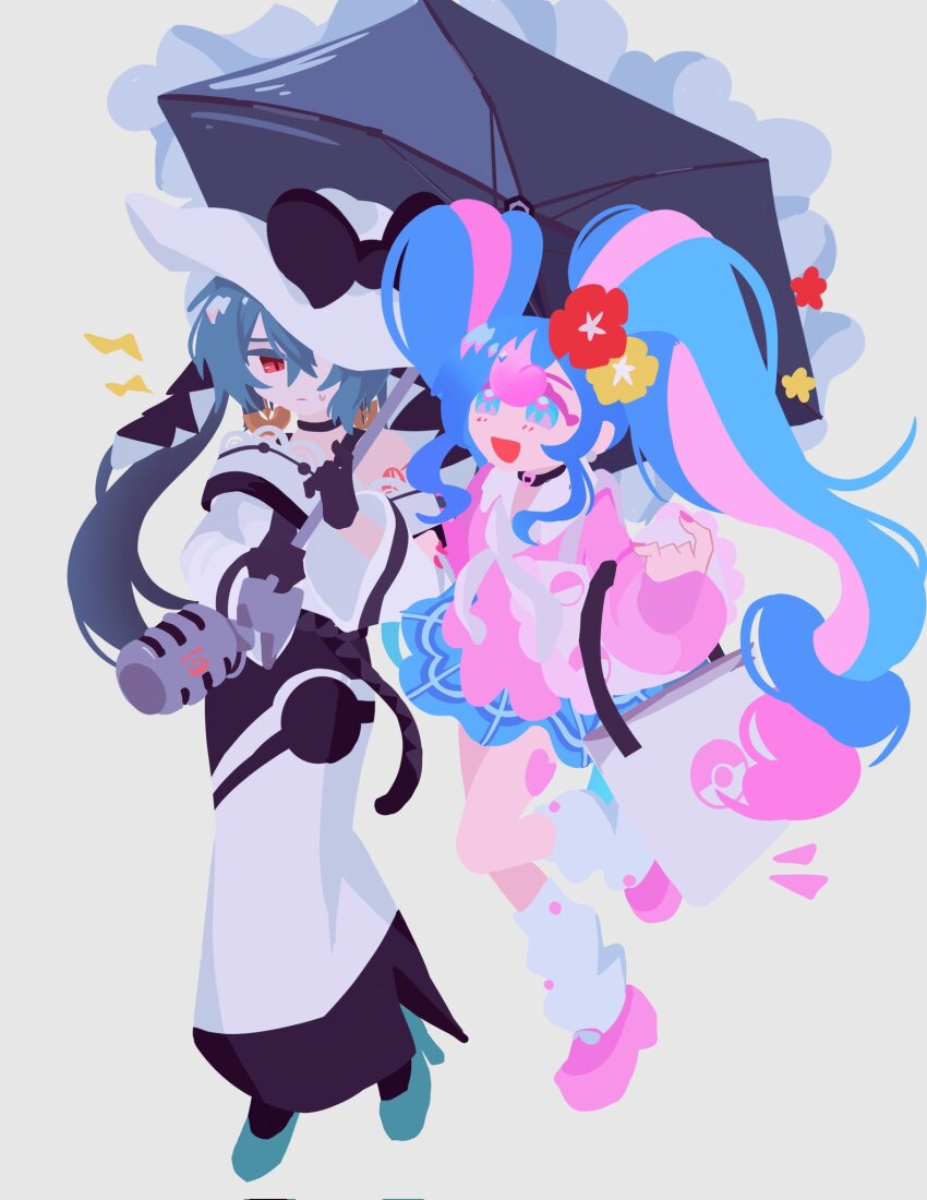 2girls, blue_hair, blue_skirt, closed_mouth, dark_miku_(project_voltage), dress, electricleaf, expressionless, fairy_miku_(project_voltage), full_body, hatsune_miku, highres, holding, holding_microphone, holding_umbrella, long_hair, long_sleeves, looking_at_viewer, microphone, multicolored_hair, multiple_girls, nintendo, pink_eyes, pink_hair, pink_shirt, plaid_clothes, plaid_skirt, pokemon, project_voltage, puffy_long_sleeves, puffy_sleeves, red_eyes, shirt, simple_background, skirt, streaked_hair, twintails, umbrella, very_long_hair, vocaloid, white_background, white_dress