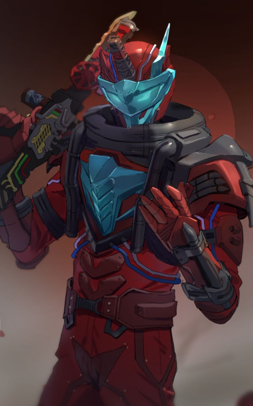 1boy, armor, blood_stalk, blue_eyes, blue_horns, cobra_(animal), cowboy_shot, dark_background