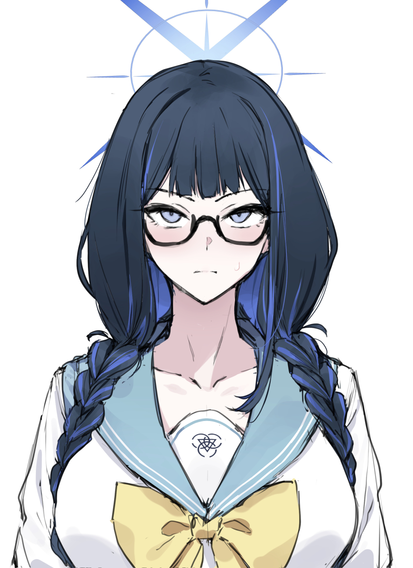 1girl, absurdres, black-framed_eyewear, blue_archive, blue_eyes, blue_hair, bow, bowtie