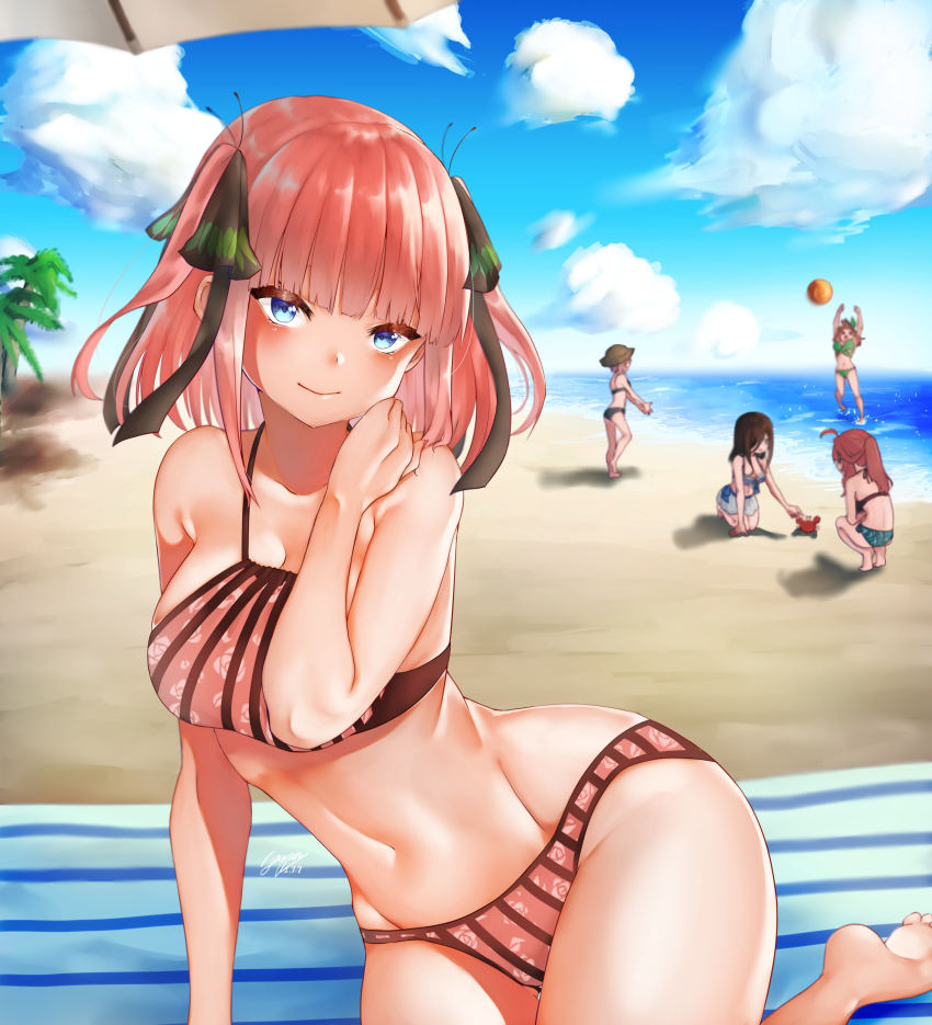 5girls, absurdres, ball, beach, beach_towel, beach_umbrella, beachball, bikini, black_ribbon, blue_bikini, blue_eyes, blue_sky, blunt_bangs, breasts, brown_hair, butterfly_hair_ornament, closed_mouth, cloud, collarbone, commentary_request, crab, floral_print, go-toubun_no_hanayome, green_bikini, hair_ornament, hat, highres, large_breasts, long_hair, looking_at_viewer, multiple_girls, nakano_ichika, nakano_itsuki, nakano_miku, nakano_nino, nakano_yotsuba, navel, ocean, orange_hair, outdoors, pink_bikini, pink_hair, ponytail, quintuplets, red_hair, ribbon, sky, smile, solo_focus, striped_bikini, striped_clothes, sun_hat, swimsuit, towel, umbrella, yazune