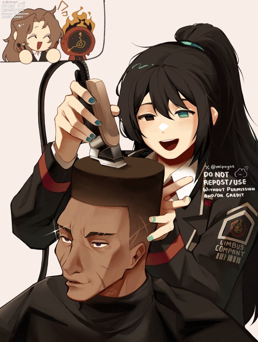 1girl, 1other, 2boys, black_coat, black_eyes, black_hair, black_shirt, blue_eyes, blue_hairband, brown_hair, choso_giving_toudou_a_haircut_(meme), clock, closed_eyes, coat, collared_shirt, commentary, cutting_another's_hair, cutting_hair, dante_(limbus_company), dark-skinned_male, dark_skin, electric_razor, english_commentary, english_text, fade_(haircut), fire, hairband, heathcliff_(project_moon), heterochromia, high_ponytail, highres, hong_lu_(project_moon), limbus_company, long_hair, makeup_brush, meme, minialily, multiple_boys, necktie, object_head, parted_bangs, ponytail, project_moon, purple_eyes, razor, red_coat, red_necktie, rodion_(project_moon), scar, scar_on_face, shirt, sparkle, sweat, sweatdrop, twitter_username, white_shirt