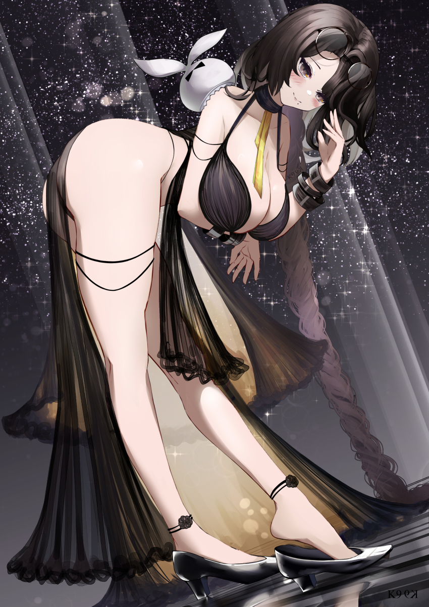 1girl, absurdres, ankle_strap, arm_under_breasts, ass, bent_over, black_dress, black_footwear, blush, bracelet, breasts, brown_dust_(series), brown_dust_2, brown_eyes, brown_hair, cleavage, diana_(brown_dust), dress, eyewear_on_head, feet, full_body, hair_over_one_eye, high_heels, highres, jewelry, kainines, large_breasts, leaning_forward, legs, lips, long_hair, looking_at_viewer, multiple_bracelets, revealing_clothes, round_eyewear, signature, smile, solo, tiptoes, twing_glutti, very_long_hair