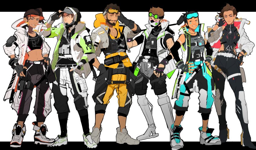 3boys, 3girls, absurdres, alternate_costume, animification, apex_legends, assan_(kagokamisan), baseball_cap, black_gloves, black_shirt, black_shorts, blue_pants, breasts, brown_eyes, brown_hair, clothing_cutout, conduit_(apex_legends), cropped_shirt, crypto_(apex_legends), dark-skinned_female, dark-skinned_male, dark_skin, eyeshadow, facial_hair, fingerless_gloves, frown, gloves, goatee, goggles, goggles_on_head, grey_eyeshadow, grey_footwear, grey_hat, hand_on_headwear, hand_on_own_head, hands_on_own_hips, hat, head_tilt, high_heels, highres, hip_vent, hood, hoodie, jacket, leaning_back, letterboxed, loba_(apex_legends), looking_at_viewer, makeup, mask, medium_breasts, midriff, mirage_(apex_legends), mouth_mask, multiple_boys, multiple_girls, navel, octane_(apex_legends), orange_hoodie, orange_pants, outside_border, pants, pectoral_cleavage, pectorals, rampart_(apex_legends), selfie_stick, shirt, shoes, short_hair, shorts, side_ponytail, sleeveless, sleeveless_jacket, smile, sneakers, techwear, v-shaped_eyebrows, visor_cap, white_background, white_jacket