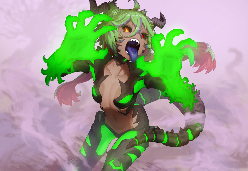 1girl, absurdres, breasts, curse_of_yggdrasil, dragon, ekrea_jan, fangs, heterochromia, highres, horns, long_tongue, monster_girl, sharp_teeth, small_breasts, teeth, tongue, tongue_out, western_dragon