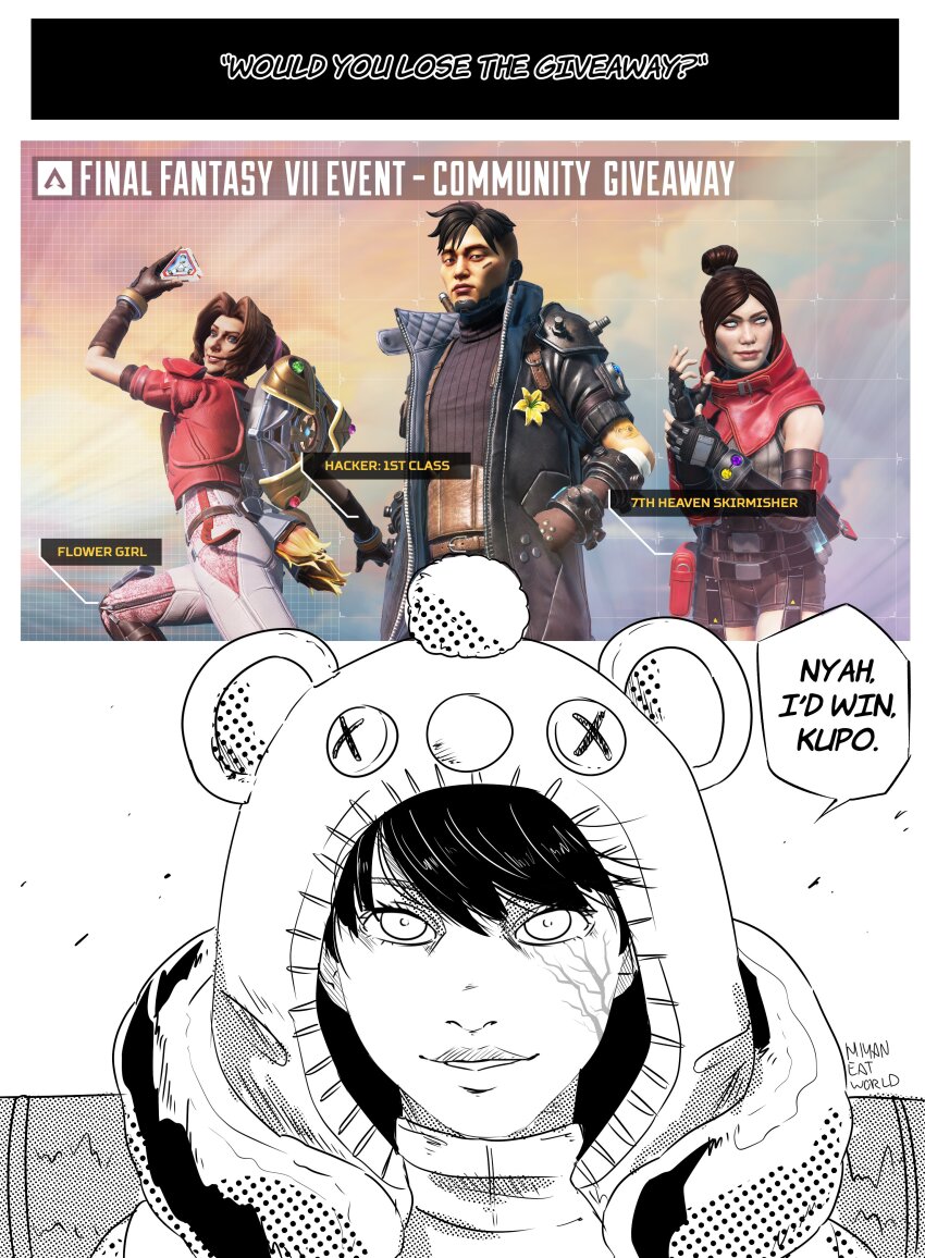 1boy, 3girls, 7th_heaven_skirmisher_wraith, absurdres, aerith_gainsborough, aerith_gainsborough_(cosplay), apex_legends, brown_hair