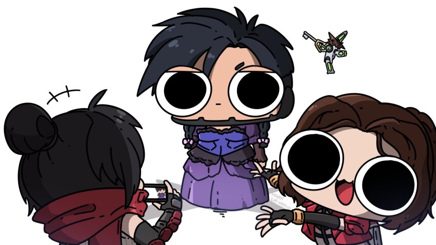 1boy, 7th_heaven_skirmisher_wraith, aerith_gainsborough, aerith_gainsborough_(cosplay), annoyed, apex_legends, black_eyes, black_hair