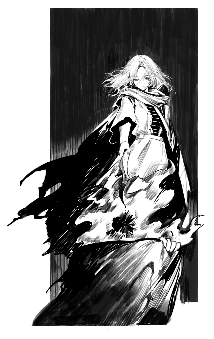 1boy, 1girl, absurdres, belt, black_background, burning, cape, chinese_commentary