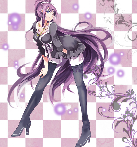 1girl, bakemonogatari, bent_over, black_pantyhose, blue_eyes, boots, female_focus, high_heels, legs, long_hair, long_legs, monogatari_(series), pantyhose, pantyhose_under_shorts, ponytail, purple_hair, senjougahara_hitagi, shiawase_usagi, shoes, shorts, solo, very_long_hair