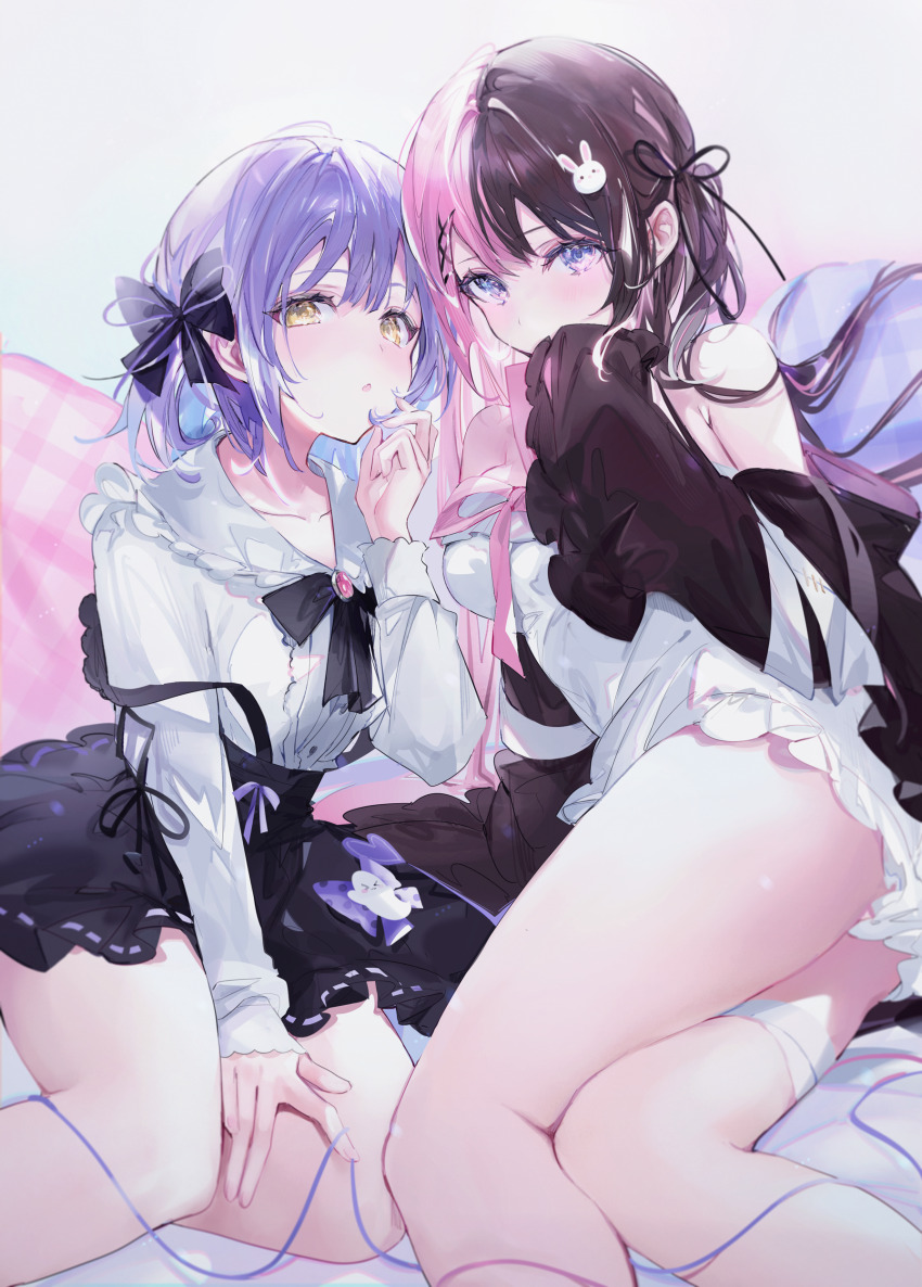 2girls, absurdres, bandaged_leg, bandages, bare_shoulders, black_bow, black_bowtie, black_shirt