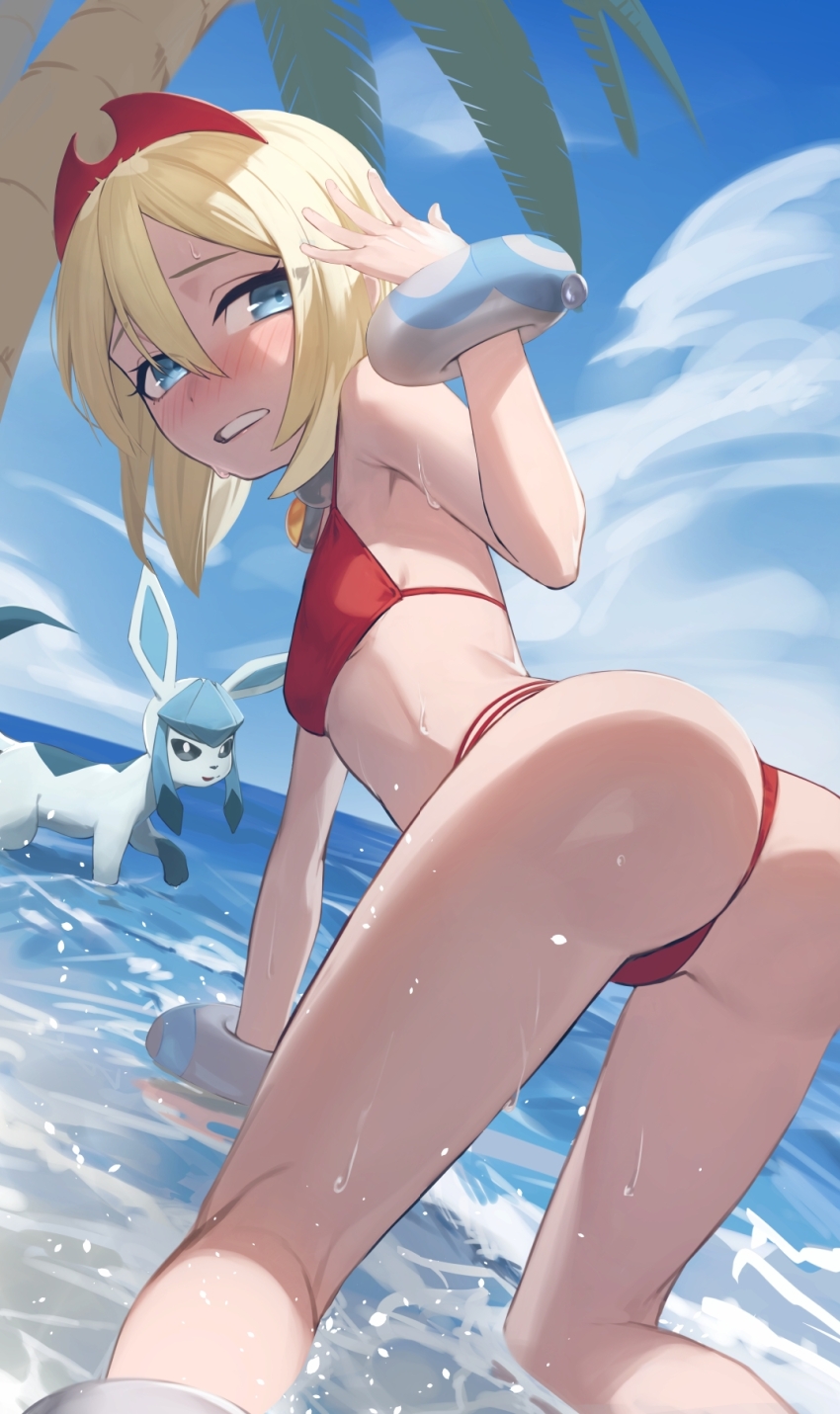 1girl, ass, bare_shoulders, beach, bent_over, bikini, blonde_hair, blue_eyes