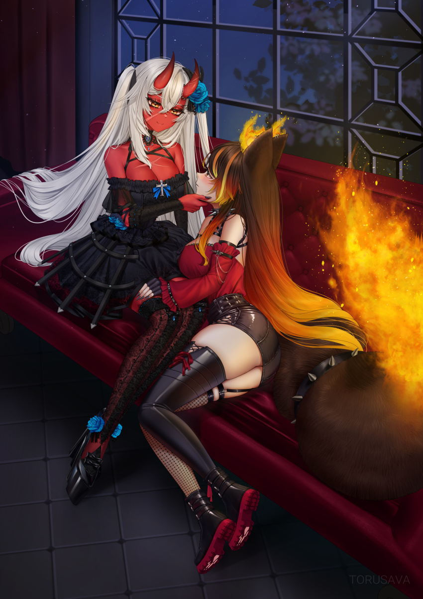 2girls, absurdres, akumi_(yoclesh), animal_ears, asymmetrical_legwear, black_dress, black_nails, breasts, brown_hair, chest_harness, collar, colored_skin, dress, fingerless_gloves, fishnet_thighhighs, fishnets, gloves, hair_between_eyes, hand_on_another's_chin, hand_on_another's_leg, harness, highres, horns, indie_virtual_youtuber, indoors, large_breasts, long_hair, looking_at_another, mismatched_legwear, multicolored_hair, multiple_girls, night, not_yuri, oni, orange_eyes, pointy_ears, red_horns, red_oni, red_skin, scar, scar_on_breasts, scar_on_chest, scar_on_face, sinder_(sinder_2.0)_(vtuber), sinder_(vtuber), skirt, spiked_collar, spikes, tail, thighhighs, torusava, virtual_youtuber, white_hair, window, wolf_ears, wolf_girl, wolf_tail, yellow_eyes