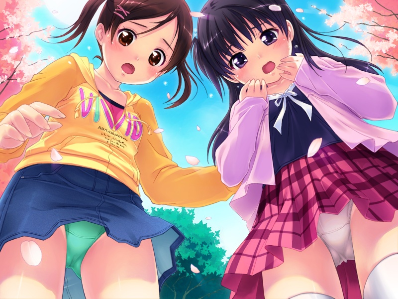 2girls, black_hair, blue_skirt, blush, brown_eyes, brown_hair, game_cg, kurayama_aya, kurayama_saya, long_hair, long_sleeves, meishoujo, multiple_girls, nonohara_miki, open_mouth, panties, plaid_clothes, plaid_skirt, pleated_skirt, red_skirt, skirt, thighhighs, twintails, underwear, upskirt, white_legwear