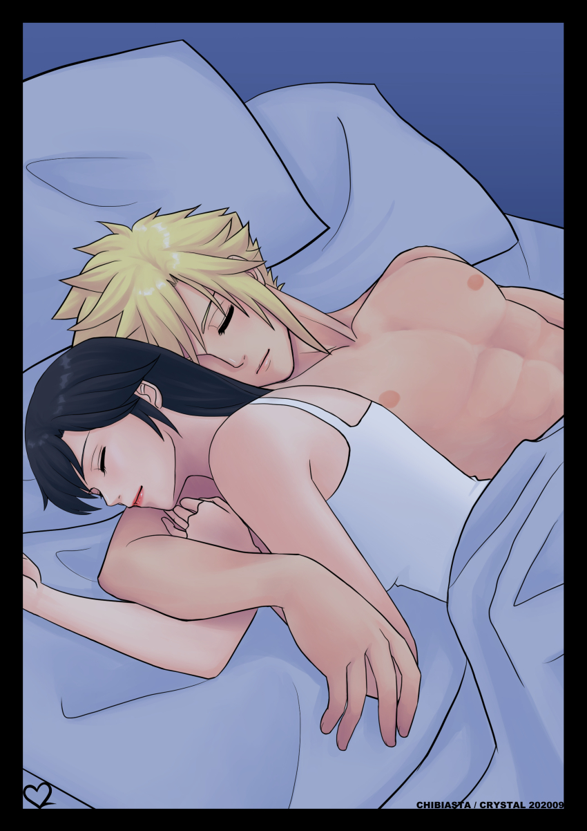 1boy, 1girl, absurdres, bare_shoulders, bed, black_hair, blonde_hair, camisole, chibiasta, closed_mouth, cloud_strife, collarbone, couple, cuddling, dated, final_fantasy, final_fantasy_vii, highres, indoors, long_hair, lying, nipples, on_back, on_stomach, pillow, red_lips, short_hair, sleeping, smile, spiked_hair, square_enix, tank_top, tifa_lockhart, toned, toned_male, topless_male, under_covers, upper_body, white_camisole, white_tank_top