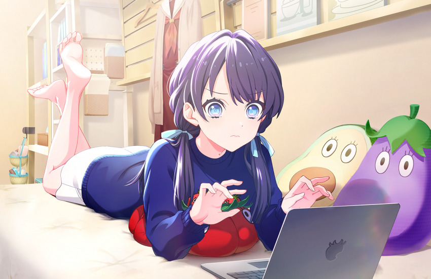 1girl, 3:, avocado, barefoot, bedroom, blue_eyes, blue_hair, blue_ribbon, blue_sweater, book, bookshelf, brand_name_imitation, brown_dress, cardigan, closed_mouth, clothes_hanger, dark_blue_hair, dress, eggplant, feet_up, food, game_cg, hair_ribbon, hasu_no_sora_school_uniform, highres, indoors, link!_like!_love_live!, long_hair, long_sleeves, looking_at_screen, love_live!, low_twintails, lying, macbook, miniskirt, mole, mole_on_neck, murano_sayaka, murano_sayaka_(summer_loungewear), neckerchief, official_art, on_bed, on_stomach, pleated_dress, red_neckerchief, ribbon, sailor_collar, sailor_dress, school_uniform, shelf, skirt, solo, stuffed_avocado, stuffed_eggplant, stuffed_tomato, stuffed_toy, sweater, third-party_source, twintails, unworn_cardigan, unworn_dress, vegetable, virtual_youtuber, white_sailor_collar, white_skirt, winter_uniform