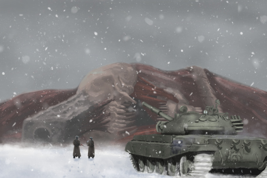 1other, 2boys, absurdres, ak-47, assault_rifle, budenovka, chainsaw_man, coat