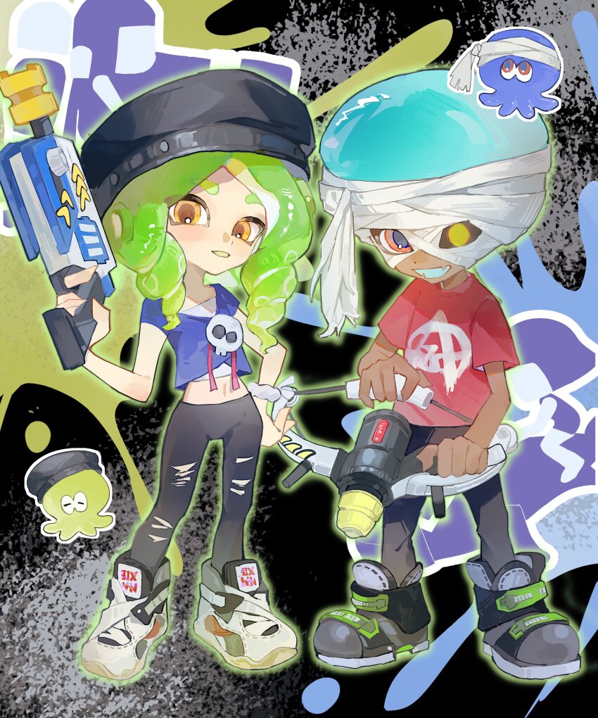 1boy, 1girl, absurdres, afro, bandages, black_background, black_hat, black_pants