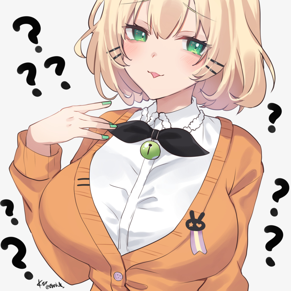 1girl, ?, ??, alternate_breast_size_(larger), bell, blonde_hair, blush, breasts