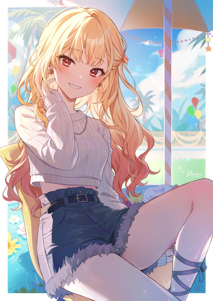 1girl, absurdres, belt, blonde_hair, blue_shorts, chair, earrings, fur-trimmed_shorts, fur_trim, hair_between_eyes, highres, jewelry, kheng_(k_heng1223), midriff, multicolored_hair, project_sekai, red_eyes, red_hair, shorts, sitting, smile, solo, sweater, teeth, tenma_saki, white_sweater
