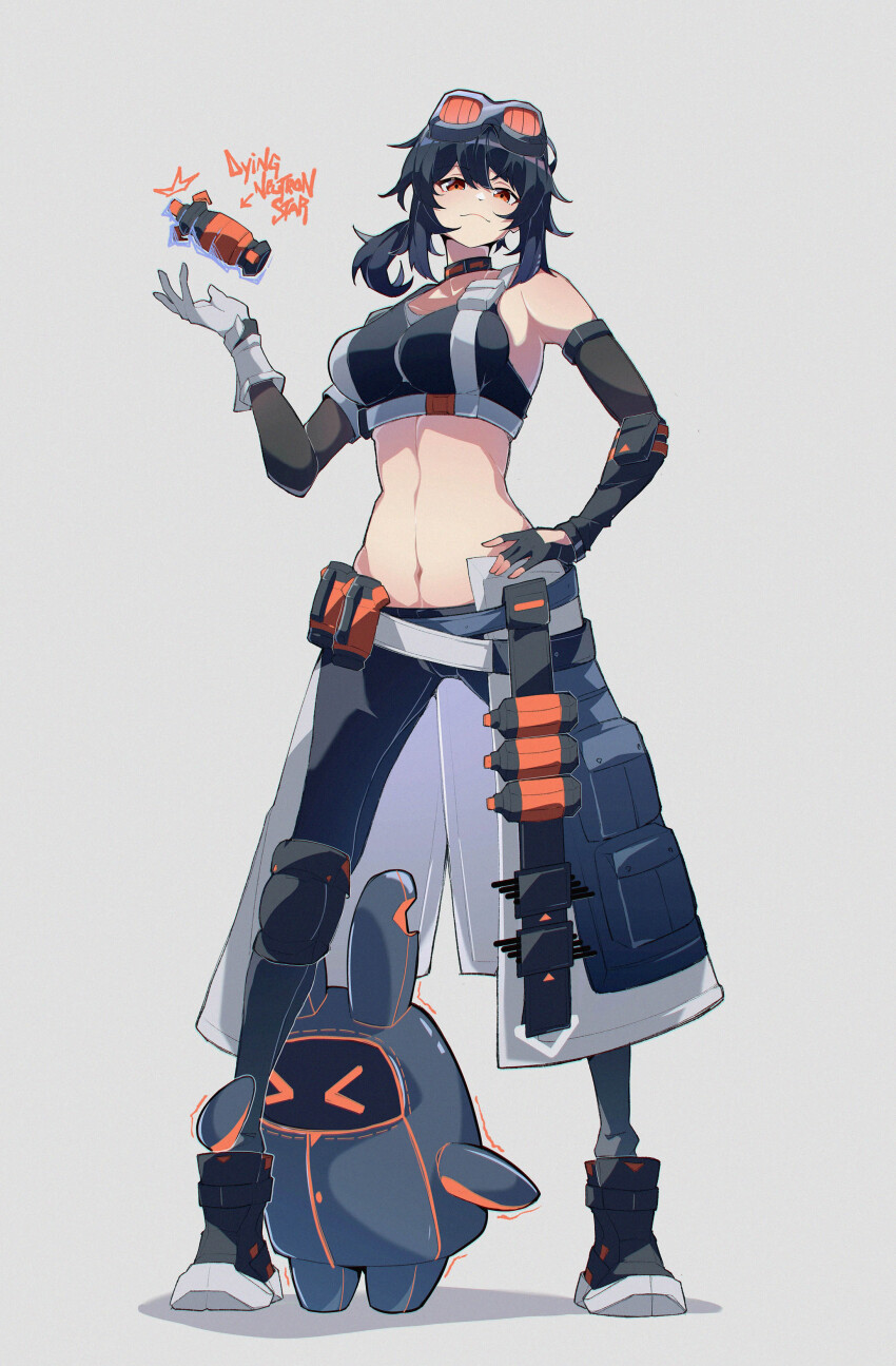 >_<, 1girl, absurdres, asymmetrical_gloves, bangboo_(zenless_zone_zero), bare_shoulders, belt, black_choker, black_gloves, black_hair, black_pants, black_shoes, breasts, choker, commentary, crop_top, elbow_gloves, fingerless_gloves, full_body, gloves, goggles, goggles_on_head, grace_howard, grey_background, grey_gloves, hand_on_own_hip, highres, large_breasts, leggings, looking_at_viewer, medium_hair, midriff, mismatched_gloves, navel, pants, ponytail, postalworks, red_eyes, shoes, sidelocks, simple_background, solo, sports_bra, standing, stomach, white_belt, zenless_zone_zero