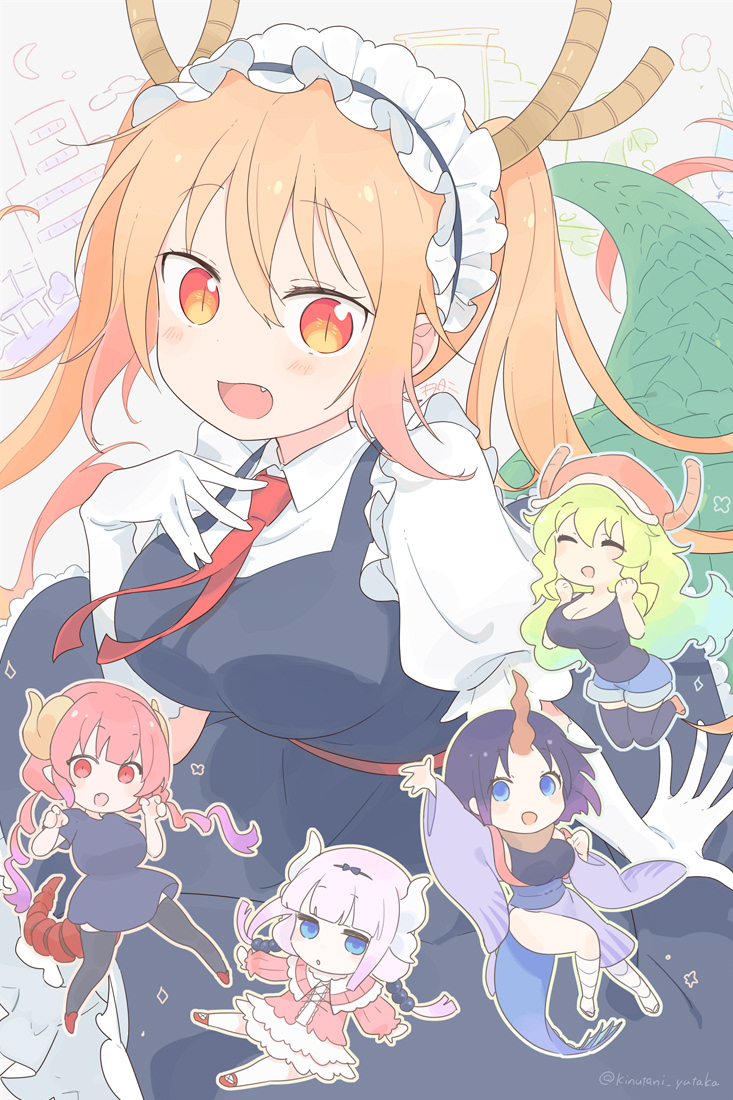 1girl, black_dress, breasts, chibi, chibi_inset, dragon_girl, dragon_horns, dragon_tail