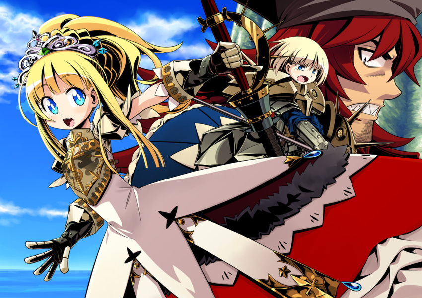 1boy, 2girls, armor, armored_dress, atlus, blonde_hair, blue_eyes, dress