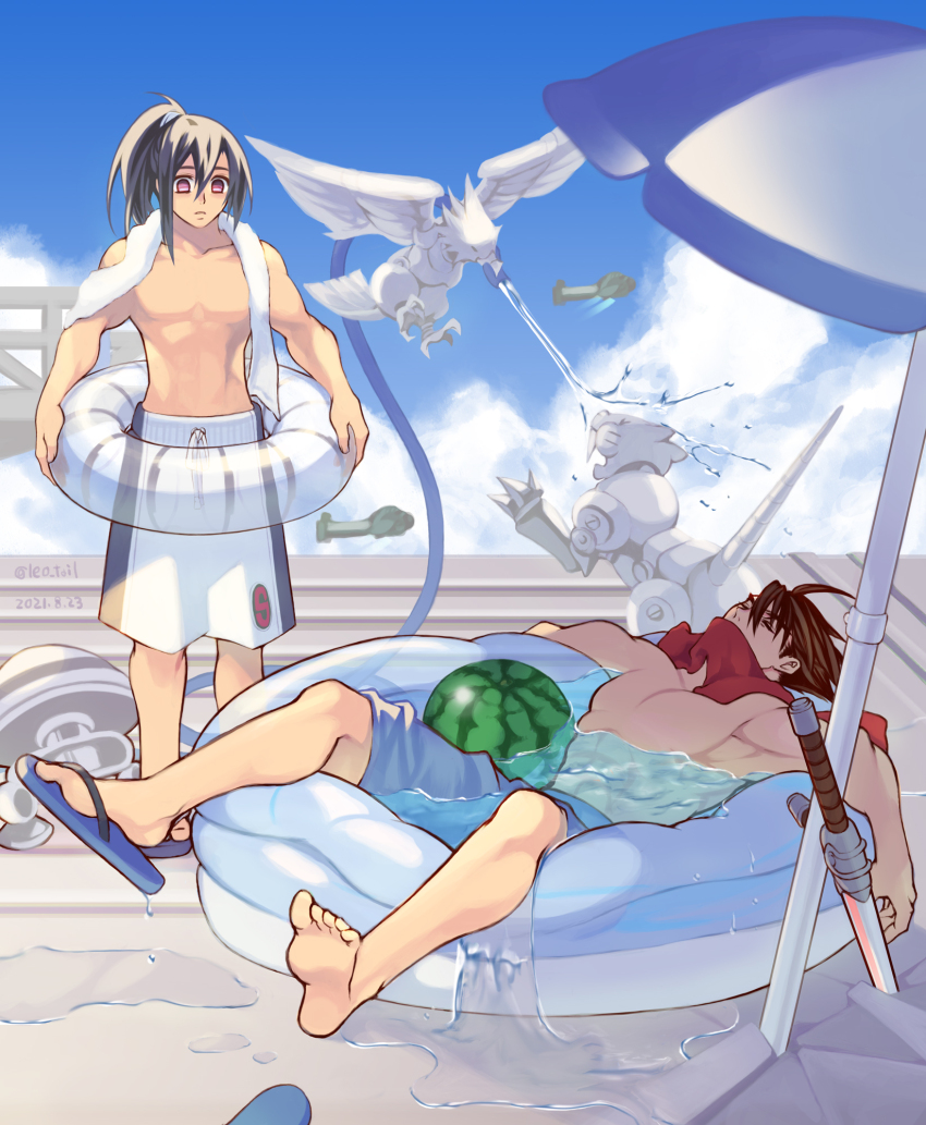 2boys, beach_umbrella, blue_hair, blue_male_swimwear, closed_eyes, covered_mouth, dated, flip-flops