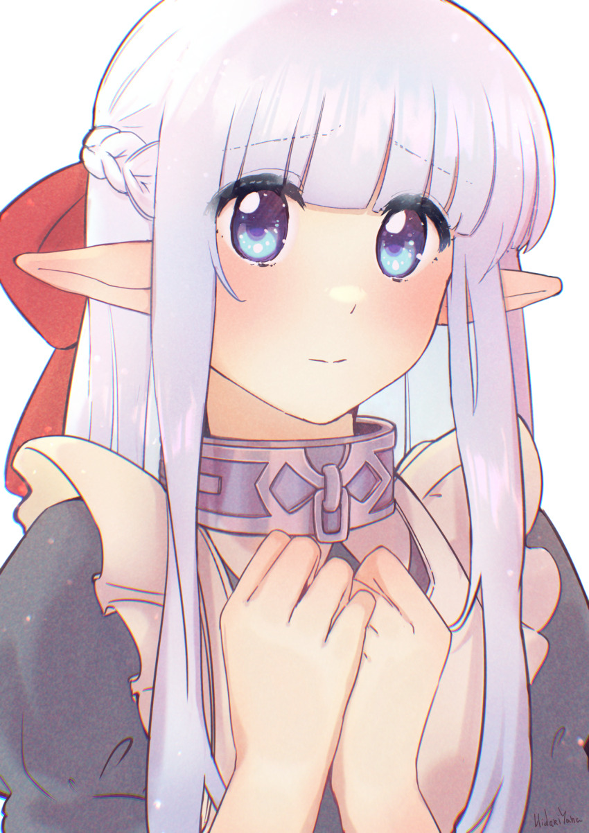 1girl, apron, blue_dress, blue_eyes, blush, braid, closed_mouth, collar, dress, elf, eyebrows_hidden_by_hair, hair_between_eyes, hands_on_own_chest, hidariyana, highres, large_ribbon, long_bangs, long_hair, looking_at_viewer, maid, maid_apron, maou_no_ore_ga_dorei_elf_wo_yome_ni_shitanda_ga_dou_medereba_ii?, metal_collar, nephelia, pointy_ears, solo, upper_body, very_long_hair, white_apron, white_hair