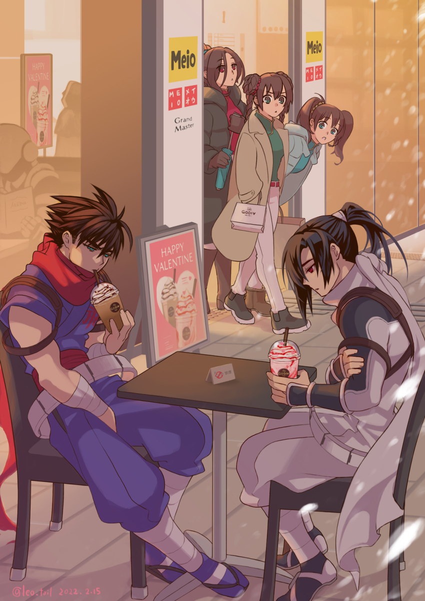 2boys, 3girls, :o, aqua_eyes, black_hair, brown_hair, chair, coat