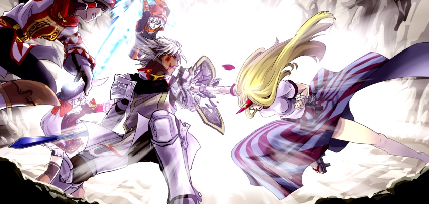 00s, 1boy, 4girls, animal_ears, armor, battle, blonde_hair, blood, bow, breasts, rabbit_ears, buront, chain, crossover, cuffs, dress, elf, elvaan, final_fantasy, final_fantasy_xi, gloves, hair_bow, hakurei_reimu, hat, horns, hoshiguma_yuugi, katana, konpaku_youmu, long_hair, md5_mismatch, multiple_girls, pointy_ears, punching, red_eyes, reisen_udongein_inaba, shield, single_horn, sword, the_iron_of_yin_and_yang, touhou, towie, weapon