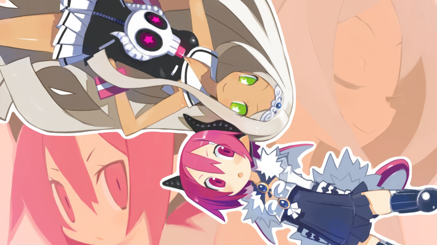 2girls, boots, closed_eyes, cosplay, costume_switch, disgaea, green_eyes, hands_on_own_hips